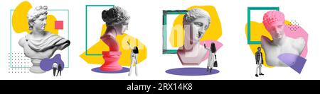 Museum. Junge Leute, die auf riesige antike Büsten schauen. Collage zeitgenössischer Kunst. Stockfoto