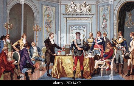 Alessandro Volta demonstrierte seinen Voltaikstapel vor dem ersten Konsul Napoleon Bonaparte 1801 Stockfoto