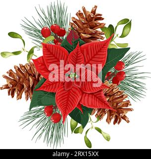 Weihnachtliche Einrichtung. Blumenstrauß mit roter Poinsettienblüte, Mistel, Beeren und Kiefer. Stock Vektor