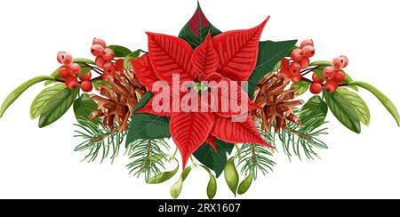 Weihnachtliche Einrichtung. Blumenstrauß mit roter Poinsettienblüte, Mistel, Beeren und Tanne. Stock Vektor