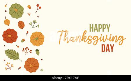 Thanksgiving-Banner. Festlicher Hintergrund mit Kürbissen, Herbstlaub. Horizontales Urlaubsposter, Kopfzeile für Website. Stock Vektor