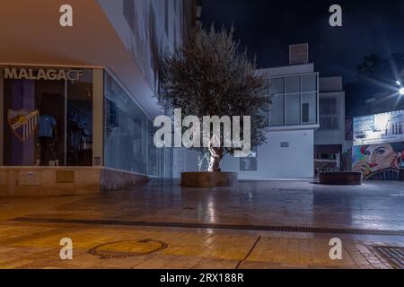 Nachtfotografie rund um die Kathedrale von Malaga La Manquita, Plaza de la Constitucion und Marques de Larios. Malaga Altstadt bei Nacht, Malaga Stockfoto