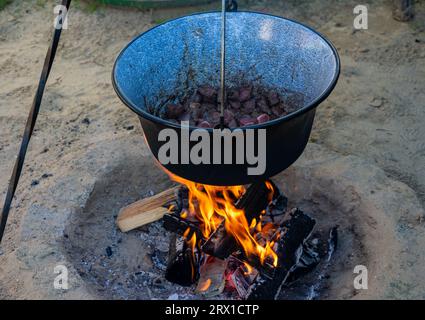 Kesselgulasch auf dem Feuer Stockfoto