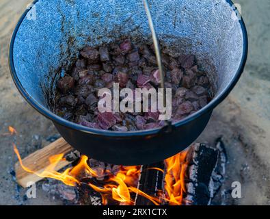 Wasserkocher mit Rindfleisch am Kamin im Garten Stockfoto