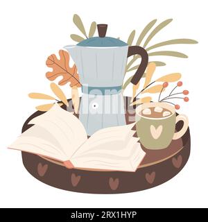 Kaffeemaschine und Tasse Kaffee auf einem Holztablett. Kaffeepause mit einem Buch. Gemütliches Herbsttagkonzept. Stock Vektor