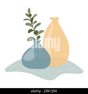 Moderne Vasen in Glasblau und Gelb. Wohnaccessoires. Stock Vektor