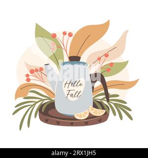 Hallo Herbst. Teekanne und Zitronen auf einem Holztablett mit Herbstblättern im Hintergrund. Gemütliches Herbsttagkonzept. Stock Vektor