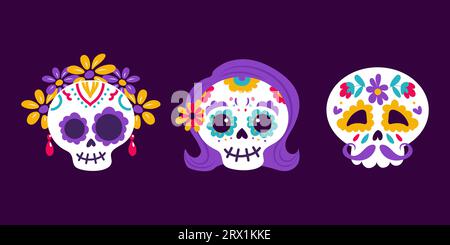Tag der Toten. Dia de Muertos. Eine Reihe festlicher Schädel mit Blumen und Zeichnungen. Ohrringe, Kranz, Schnurrbart. Catrina, der Garbancera-Skul Stock Vektor