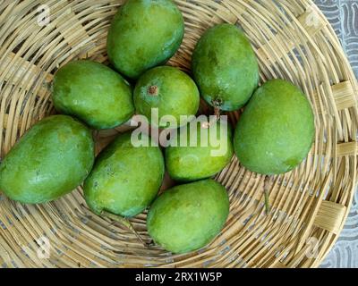Grüne Mango, im Korb in Indien Sommerfrucht, indische grüne Mango Stockfoto