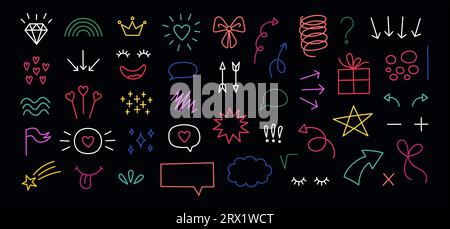 Handgezeichnetes Doodle-Elemente-Set. Dunkles Design. Zeichentrickillustrationen auf schwarzem Hintergrund. Neonelemente. Von Hand gezeichnete abstrakte Formen. Herzkritzel, r Stock Vektor