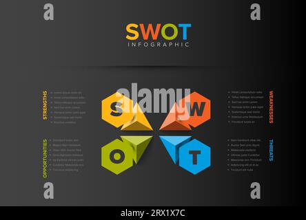 Vector Dark SWOT (Stärken, Schwächen, Chancen, Bedrohungen) Schema Vorlage aus vier bunten Sechseckzeiger mit großen Buchstaben. Sw Stock Vektor