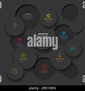 Vector minimalistische dunkle Infografik-Berichtsvorlage mit Kreismosaik gefüllt mit verschiedenen Informationen, Symbolen und Zahlen. Einfacher realistischer 3D-Kreis Stock Vektor