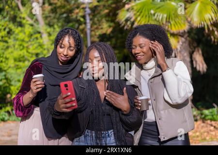 Afrikanische junge Frauen und ein muslimischer Freund, der ein Selfie in einem Park macht Stockfoto