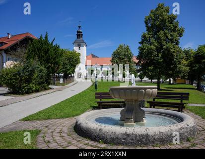 Marktbrunnen mit Benediktinerstift Michaelbeuern, Michaelbeuern, Flachgau, Land Salzburg, Österreich Stockfoto