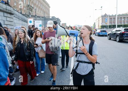 Stockholm, Schweden. September 2023. Greta Thunberg während eines Klimastreiks in Mynttorget in Stockholm, organisiert vom Netzwerk Fridays for Future, 22. September 2023.Foto: Christine Olsson/TT/Code 10430 Credit: TT News Agency/Alamy Live News Stockfoto