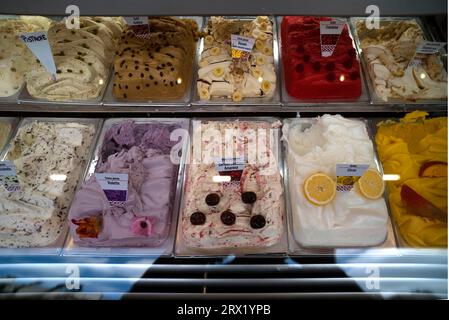 Verschiedene Eissorten in einer Eisdiele, Paris, Frankreich Stockfoto