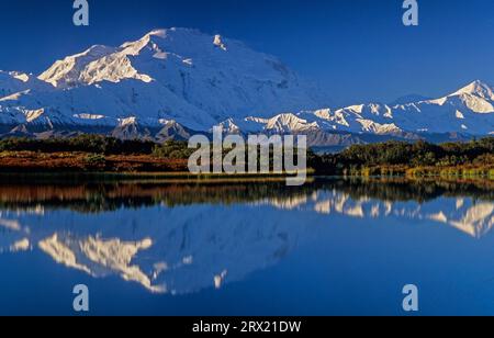 Denali und Mount Foraker spiegeln sich in Reflection Pond, Denali National Park, Alaska Stockfoto