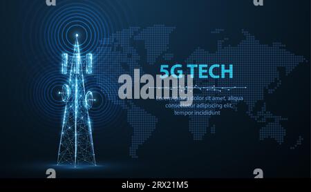 Abstrakter Antennenmast mit Weltkarte. 5G-Technologie, Telekommunikationsindustrie Stock Vektor
