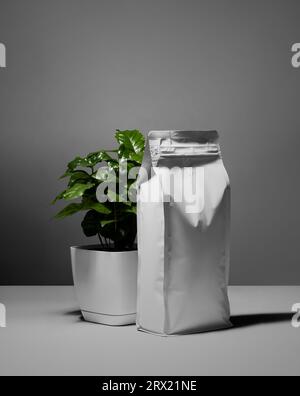 Weißes Modell mit Reißverschluss und Ventil, Tasche mit Schatten, arabica-Baum, für Design, Branding. Vorlage für stilvolle Verpackung für Kaffee, isoliert auf bac Stockfoto