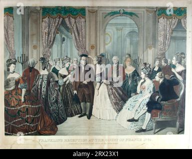 Drucken. Lithographie, „Franklins Empfang am französischen Hof 1778“. DL*60.2596. Peters druckt die Kollektion. Stockfoto