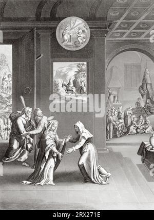 Besuch der seligen Jungfrau Maria. Maria besucht ihre Verwandte Elisabeth, beide sind schwanger, Maria mit Jesus und Elisabeth mit Johannes dem Täufer. Illustration für das Leben unseres Herrn Jesus Christus, geschrieben von den vier Evangelisten, 1853 Stockfoto