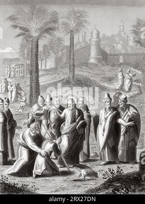 Jesus, der Jericho verlässt, heilt einen blinden Mann. Illustration für das Leben unseres Herrn Jesus Christus, geschrieben von den vier Evangelisten, 1853 Stockfoto