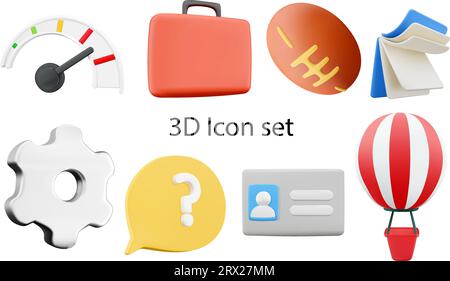 Symbolset Vector 3d (Vektor 3D). Geschwindigkeit, Koffer, Ball, Notebook, Ausrüstung, Frageblase, ID-Karte, Heißluftballon. 3D-Symbolsatz auf weißem Hintergrund. Stock Vektor