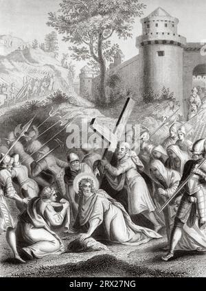 Via Crucis. Simon von Kyrene hilft Jesus, sein Kreuz zu tragen. Illustration für das Leben unseres Herrn Jesus Christus, geschrieben von den vier Evangelisten, 1853 Stockfoto