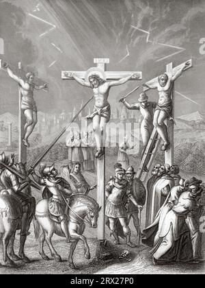 Römischer Soldat durchbohrte Jesu Seite mit Speer, während er am Kreuz hing. Illustration für das Leben unseres Herrn Jesus Christus, geschrieben von den vier Evangelisten, 1853 Stockfoto