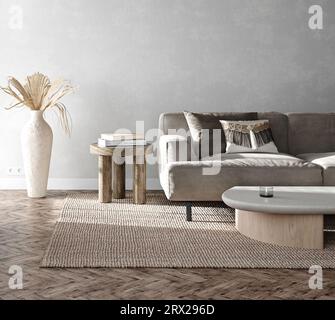 Boho beige Wohnzimmer mit Sofa, trockenen Palmblättern und grauem Wandhintergrund. Helles modernes japanisches Naturpanorama. 3D-Rendering-Modell. Hochwertige 3D Stockfoto