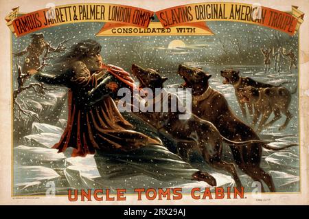 Werbung für eine Theaterproduktion von Uncle Tom's Cabin zeigt eine Szene aus dem Antisklaverei-Roman von Harriet Beecher Stowe Uncle Toms Cabin-Theaterplakat, auf dem Eliza das Eis überquert. Farblithographie, 1881 Stockfoto