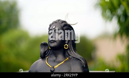 Lord Ganesha, Adiyogi und maa Durga Idol oder Statue isoliert auf grünen Blättern Hintergrund. Indisches Festivalkonzept. Stockfoto