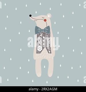 Karte Dachs isoliert auf weißem Hintergrund mit weißen Blumenelementen. Niedliche Waldtier-Illustration. Linocut-Stil. Stock Vektor