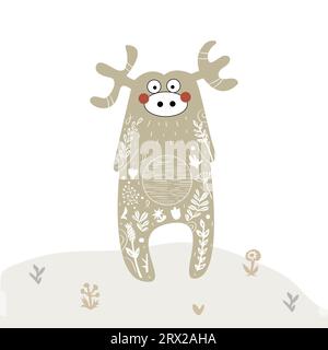 Die Silhouette des Kartenhirsches mit weißen Blumenelementen. Illustration des Märchenvektors. Linocut-Stil. Moderner Boho-dekorativer Linolschnitt. Stock Vektor