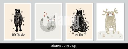 Set von handgezeichneten Vektorplakaten mit Waldtieren und Pflanzen. Niedliche skandinavische Illustration mit wilden Tieren im Wald. Stock Vektor