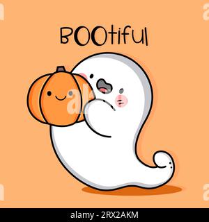 Niedlicher Kawaii-Geist, der Kürbis hält. Aufmunternder Text. Vektorillustration. Stock Vektor