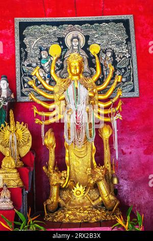 Alte goldene Statue Guan Yin viele bewaffnet in buddhistischen Tempel. Guanyin ist buddhistischer Bodhisattva, der mit Mitgefühl verbunden ist Stockfoto