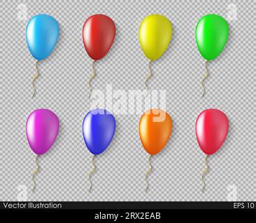 Ballons bunte Sammlung von Vektoren, die in einem realistischen Stil mit transparentem Hintergrund isoliert wurden. Festlicher Dekorationsartikel für Geburtstage und andere Ho Stock Vektor