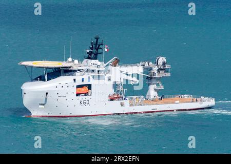 Portland, Dorset, Großbritannien. September 2023. Der RFA Proteus segelte nach Abschluss der Umbauarbeiten in den Hafen von Portland in Dorset. Dieses ehemalige Handelsschiff, das 2017 gebaut wurde, wurde im Januar 2023 für 70 Millionen Pfund gekauft und ist das erste britische Multi-Role Ocean Surveillance (MROS)-Schiff. Sie wurde als Reaktion auf die wachsenden Bedrohungen kritischer Unterwasserinfrastrukturen erworben. Sie soll offiziell bei einer Zeremonie benannt werden, die im Oktober in London stattfindet. Bildnachweis: Graham Hunt/Alamy Live News Stockfoto