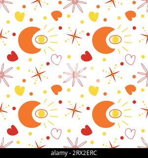 Nahtloses Augenmuster. Astrologie-Symbole Sterne, Mond, Sonne. Vektorillustration. Gestaltung von Stoffen, Verpackungen und anderen Mustern. Stock Vektor