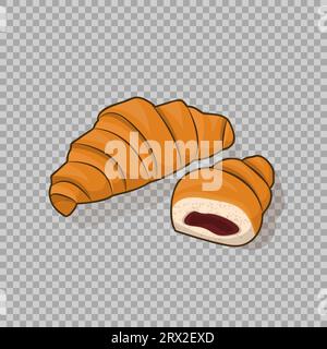 Croissant und ein halbes Croissant mit der Füllung im Inneren, isolierter Vektor auf transparentem Hintergrund. Illustration Konditorei, leckeres Dessert, Stock Vektor