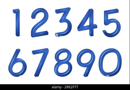 Nummernsammlung isometrische mathematische Zahlen, Symbole blaue Schriftart in 3D auf weißem Hintergrund. Vektorillustration mit digitalen geometrischen Zeichen Stock Vektor