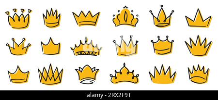 Gelbe Kronenskizze. Mittelalterliches königliches Diadem, Graffiti-Königskrone und Prinzessin-Diadem. Hand gezeichnete Doodle Luxus Monarch Logo Vektor-Set der mittelalterlichen Krone Königin Illustration Stock Vektor
