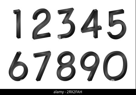 Nummernsammlung isometrische mathematische Zahlen, Symbole schwarze Schriftart in 3D auf weißem Hintergrund. Vektorillustration mit digitalem geometrischen Zeichen Stock Vektor