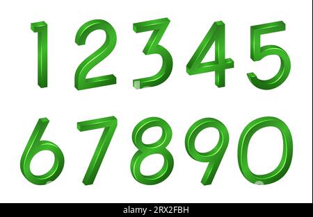 Nummernsammlung isometrische mathematische Zahlen, Symbole grüne Schriftart in 3D auf weißem Hintergrund. Vektorillustration mit digitalem geometrischen Zeichen Stock Vektor