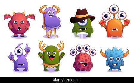 Lustige Monster-Kollektion. Das süße Comic-Monster sieht sich lustigen Ausdrücken, außerirdischen Kreaturen in verschiedenen Farben und Größen gegenüber. Vektor isolierte Gruppe von Charakteren Kreatur, außerirdisches Tier an halloween Illustration Stock Vektor