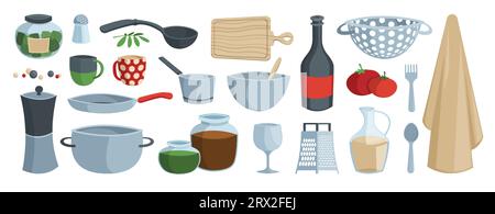 Küchenutensilien. Cartoon-Flachkochgeräte und Haushaltsgeräte, Hausfrauen-Kochgeschirr mit Topf Pfanne Schüssel Löffel Gabel. Vektor isolierte Sammlung von Küchengeräten Illustration Stock Vektor
