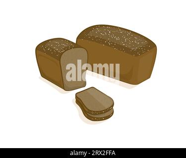 Schwarzes Brot, geschnitten auf weißem Hintergrund. Vektor-Illustration, Bäckereiprodukte, die im Cartoon-Stil von Hand hergestellt werden. Stock Vektor