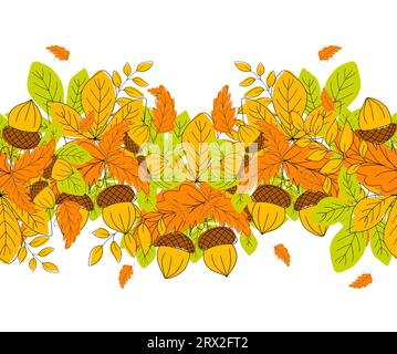 Herbstschablone, farbenfroher Hintergrund mit Blättern und Eichel. Handgezeichnete Abbildung. Stockfoto