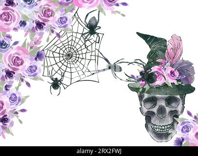 Aquarell Halloween Vorlage, Vintage Illustration. Kollektion von Halloween in Schwarz und Pink. Handgezeichnete Abbildung. Stockfoto